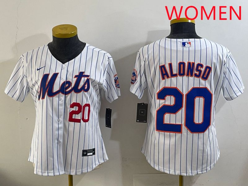 Women New York Mets #20 Alonso White Stripe Game 2025 Nike MLB Jersey style 3